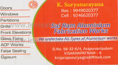 Sai Ram Aluminium Fabrication works,Resapuvanipalem In Visakhapatnam, Vizag