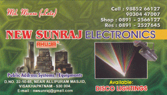 New Sunraj Electronics Music System Disco Lighting Suppliers allipuram marripalem in vizag visakhapatnam,Allipuram  In Visakhapatnam, Vizag