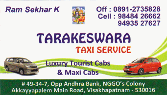 Tarakeswara Taxi Service in visakhapatnam,Akkayyapalem In Visakhapatnam, Vizag