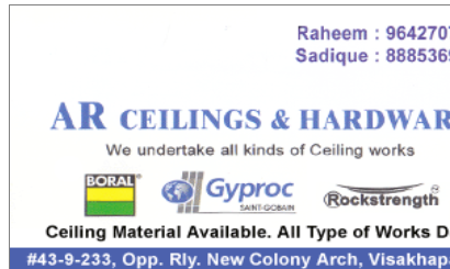 AR Ceilings and Hardware works products wholesale dealers in Visakhapatnam Vizag,Railway New Colony In Visakhapatnam, Vizag