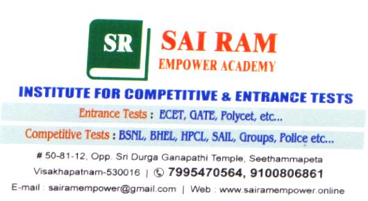 Sai Ram Empower Academy Competitive tests Entrance Test Seethammapeta in Visakhapatnam Vizag,Seethammapeta In Visakhapatnam, Vizag
