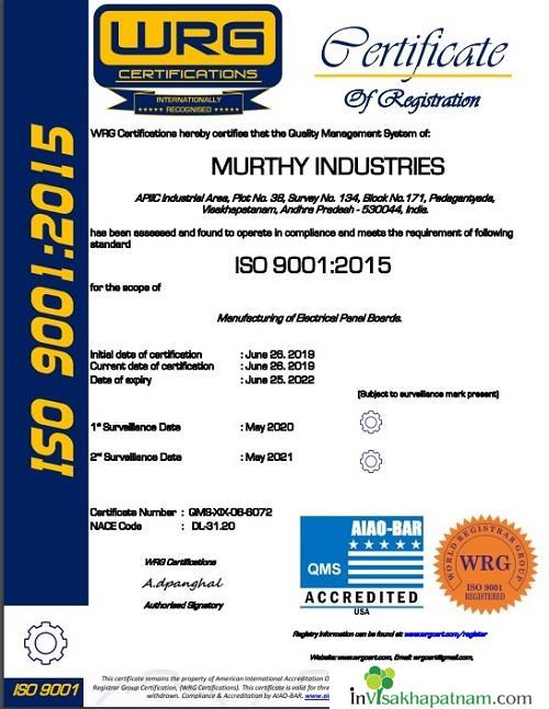 Murthy Industries Quality and Service Certificate